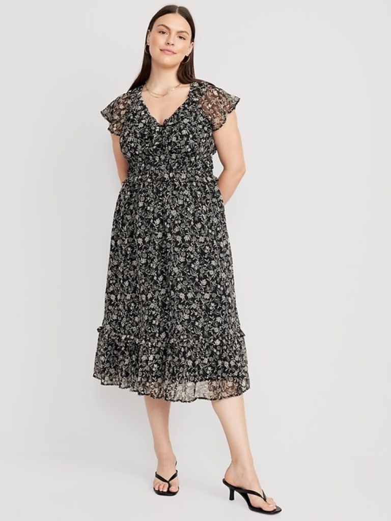 Old Navy Black Floral Midi Dress Ruffle Hem Flutter Sleeve Size Large